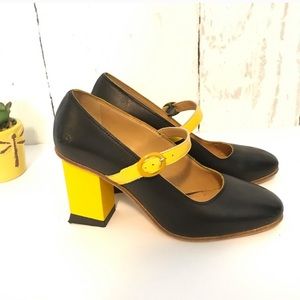 John Fluevogs Black and Yellow Mary Jane heel